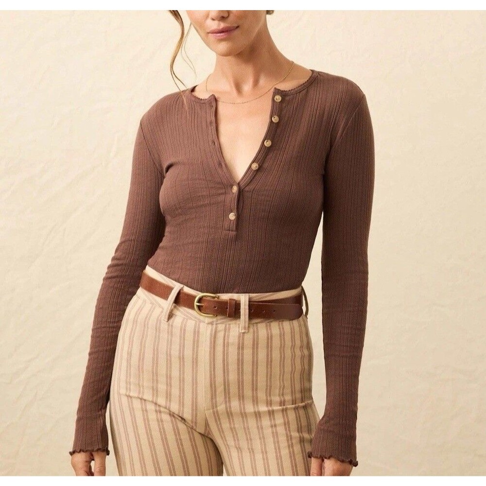 Faherty Women's Size L Brown Paradise Pointelle Henley T-Shirt Cozy Chic NWOT